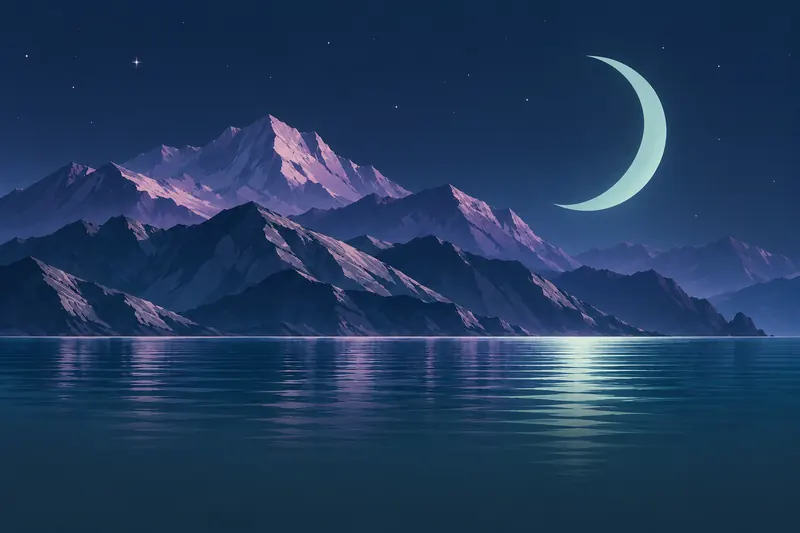 Crescent moon over mountains and reflective water in Baumr’s midnight AI search illustration
