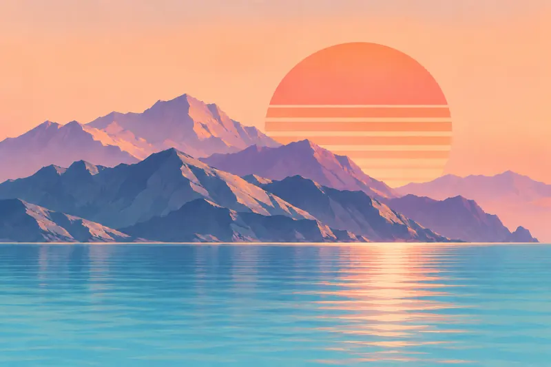 Mountain lake and rising sun in a warm retro illustration for Baumr’s growth marketing agency