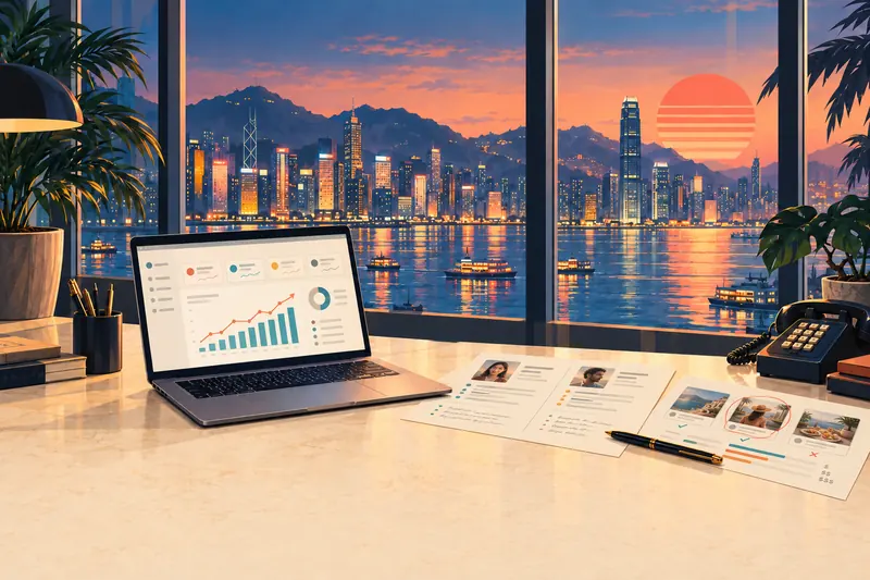 Growth marketing dashboard and customer research on a marble desk overlooking a city at sunset