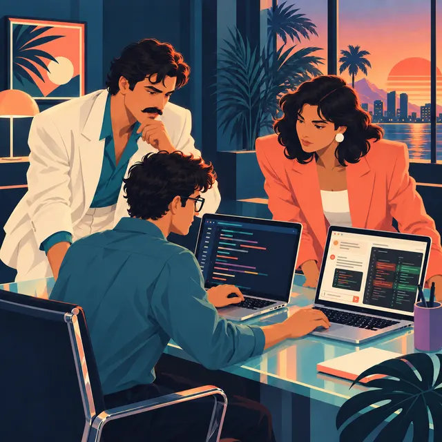 Growth marketing engineer and colleagues building a website on laptops in a city office at sunset